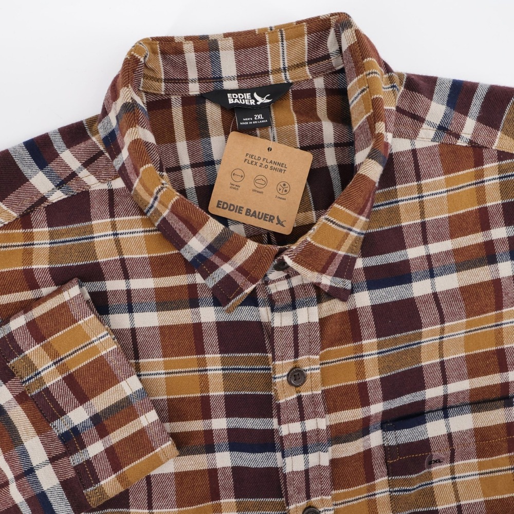 NEW Eddie Bauer Field Flannel Flex 2.0 Shirt Brown Long Sleeve Mens 2XL Shirt